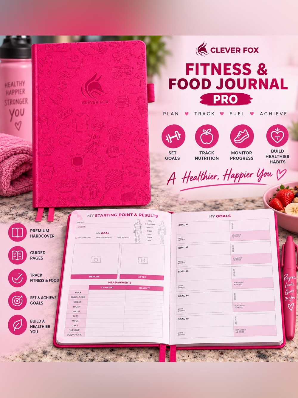 Fitness & food journal PRO Hot Pink Hardcover Journal — daily health Planner NEW